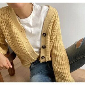 Everlane The Texture Cotton Cardigan Knit Chunky Sweater Buttermilk Yellow Small